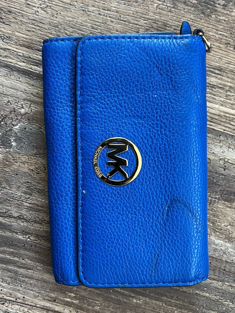Michael Kors Electric Blue Pebbled Leather Wallet with Gold MK Emblem